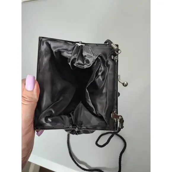 Black Sequin Bead Embellished Evening Bag Crossbody Purse Kiss Clasp 1 Pocket - Picture 4 of 6